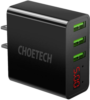 Мережевий зарядний пристрій Choetech US 3 x USB-C з цифровим дисплеєм 15 W Black (6971824972139)