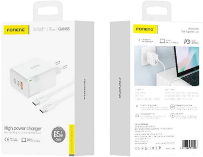 Мережевий зарядний пристрій Foneng USB-A 2 x USB-C GaN 65W з кабелем USB-C White (GAN65 C-C)