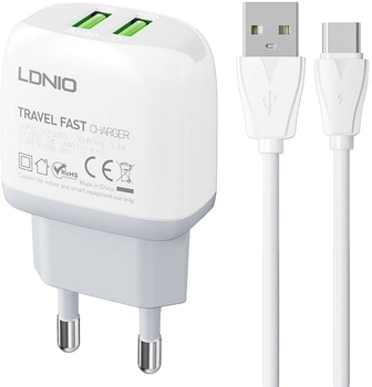 Мережевий зарядний пристрій Ldnio USB + кабель USB-C White (A2219 Type-C)