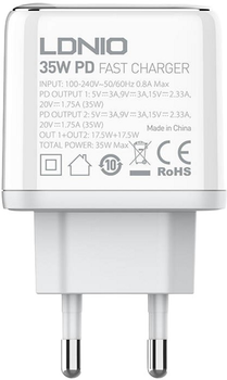 Мережевий зарядний пристрій Ldnio 2 x USB-C 35 W + кабель USB-C - Lightning (A2528C Type-C - Lig)