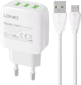 Мережевий зарядний пристрій Ldnio 3 x USB + кабель MicroUSB (A3312 Micro)