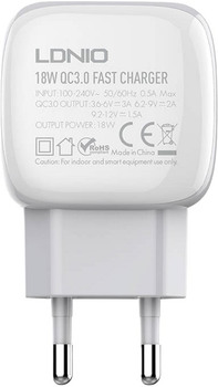 Мережевий зарядний пристрій Ldnio 18 W + кабель USB-C (A1306Q Type-C)