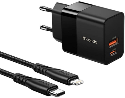 Мережевий зарядний пристрій Mcdodo USB + USB-C 20W + кабель USB-C - Lightning Black (CH-1952)