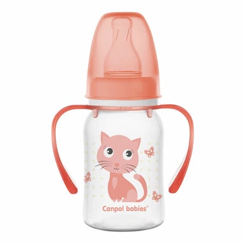 Canpol babies Пляшка 120 мл з малюнком і ручкою (BPA FREE), колекція "Кольорова ферма" Котик