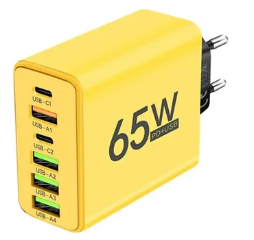 Зарядное устройство AR-880 65W 4 USB + 2 Type-C Блок зарядки для телефона Samsung, iPhone, Xiaomi, Redmi, Huawei, Realme Yellow