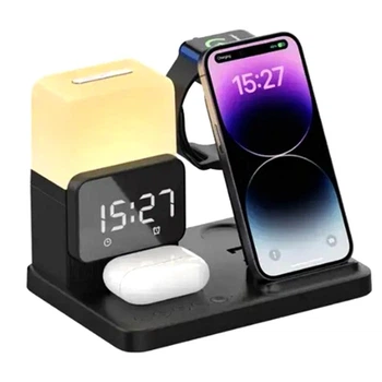 Складная док станция беспроводная зарядка 3 в 1 QINETIQ Z15 15W для Apple iPhone 8-15, Pro, Pro Max, Apple Watch 2-9, SE, Ultra, AirPods с часами, будильником и сенсорным съемным светильником