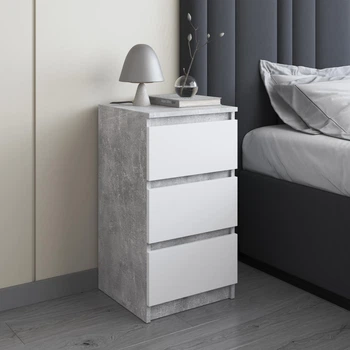 Тумбочка прикроватная VAYS, тумба в спальню на 3 выдвижных ящика c фасадами без ручек R-30 Бетон-Белый фасад