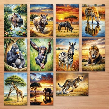 Набір постерів для дітей 11 штук Тварини Африки в стилі акварель А3 ENTERSTORE (Art. posterswatercolour2408)