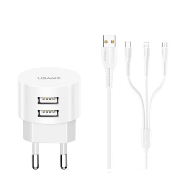 Мережевий адаптер USAMS Kit Sing-Tu Dual USB Round Travel 3IN1 cable T20, 2USB, 2.1A, white
