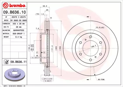 Диск тормозной MITSUBISHI PAJERO, BREMBO (09B63611)