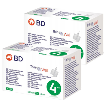 Голки для інсулінових ручок "BD Microfine Thin Wall" 4 мм (32G x 0,23 мм), 200 шт.