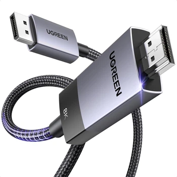 Кабель UGREEN&nbsp;DP115 Перехідник DisplayPort to HDMI 8K HDR, Dolby, HDCP2.3, DSC1.2a, 32.4 Гбіт/с плетений, сумісний з монітором Dell, HP, HDTV, AMD NVIDIA Grey (80397)