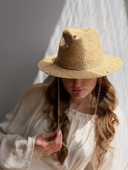 Шляпа женская соломення федора с цепью D.Hats цвет бежевый
