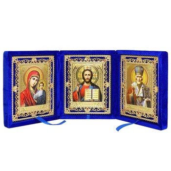 Ікона триптих в оксамиті ажурна синя