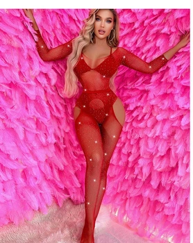 Комплект со стразами боди колготы эротическое сексуальное белье Sexy One Size красный (1-113 5-3)