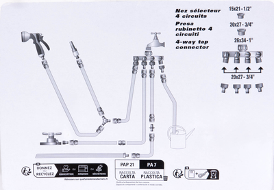 Rozdzielacz wody do kranu ogrodowego Ribimex 3/4" i 1", 3/4" i 1/2” (3700194406813)