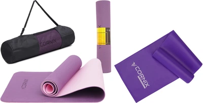 Набор Коврик спортивный Cornix TPE 183 x 61 x 0.6 см для йоги и фитнеса XR-0007 Plum/Rose+Лента-эспандер Cornix Flat Band 200 х 15 см для спорта и реабилитации 4 кг Фиолетовая (XR-0247)