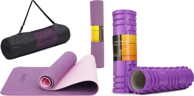 Набор Коврик спортивный Cornix TPE 183 x 61 x 0.6 см для йоги и фитнеса XR-0007 Plum/Rose+Массажный ролик Cornix EVA 45 x 14 см XR-0042 Violet