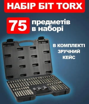 Набор бит TORX Geko G10036 75 шт + адаптеры 3/8" и 1/2" в пластиковом кейсе