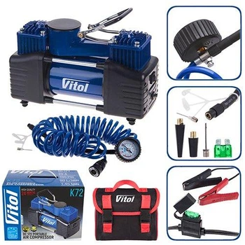 Автомобільний компресор двопоршневий Vitol / 12v / 360вт / 90л / 10атм / 25А / з дефлятором / K-72