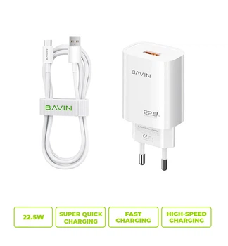 Сетевое зарядное устройство BAVIN PC995Y 22.5W USB-A Super Quick Charge + кабель USB-A/Type-C White