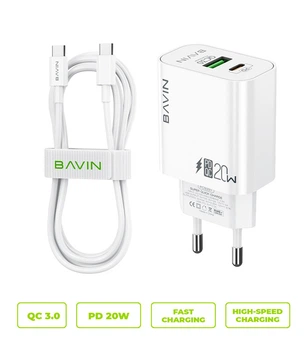 Сетевое зарядное устройство BAVIN PC939Y-CC PD 20W Type-C USB-A (QC3.0) + кабель Type-C/Type-C White