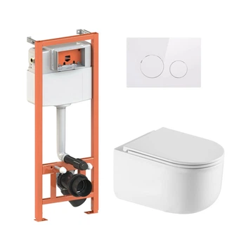 Готовое решение Qtap для ванной комнаты: подвесной унитаз Taurus Ultra Quiet 485×360×350 + комплект инсталляции Nest 4 в 1 (круглая клавиша White)