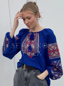 Синяя женская вышиванка на легком шифоне "Венеция" 11736-50 (XL)
