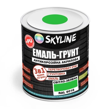 Емаль-ґрунт Skyline 3в1 акрил-поліуретанова RAL 6018 світло-зелена шовк-мат 0,9 кг для металу від іржі