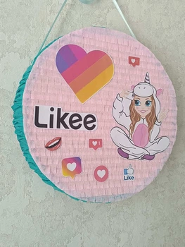 Піньята "Likee, Tik Tok, YouTube" ніжно-рожевого/бірюза 38*38*10 + палиця