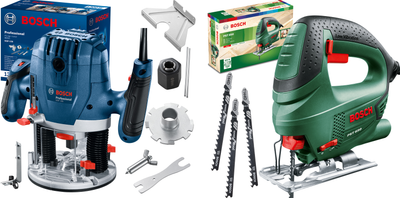 Набор Фрезер Bosch Professional GOF 130, 1300 Вт, 28000 об.мин (06016B7000) + Лобзик электрический Bosch PST 650, 500 Вт, 65 мм глубина реза + 4 полотна T144D, картонная упаковка (06033A0721)