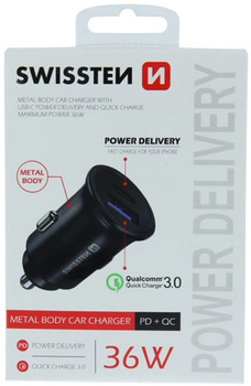 Автомобільний зарядний пристрій Swissten Power Delivery USB-C USB-A 36W Quick Charge 3.0 Black (20111760)