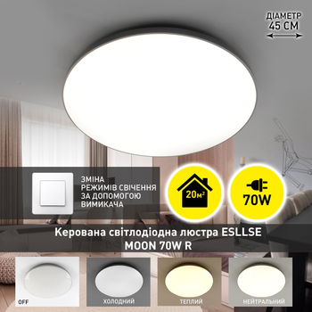 Управляемая светодиодная люстра ESLLSE MOON 70W R 450×65мм Белая для кухни, спальни, прихожей