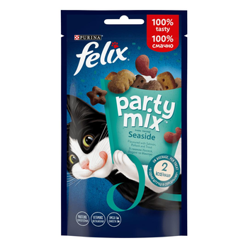 Ласощі Purina Felix Party Mix Ocean mix для дорослих кішок зі смаком лосося форелі та мінтаю 60 г