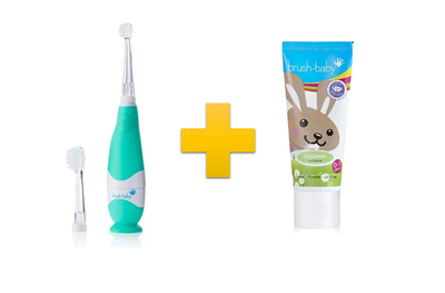 Комлект Brush-Baby BabySonic звукова зубна щітка, 0-3 роки бірюзова + Зубна паста Brush-Baby від 0 до 3 років