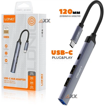 USB HUB (ЮСБ ХАБ) розгалужувач концентратор 4 USB порти з кабелем USB-C 120мм. Ldnio Grey