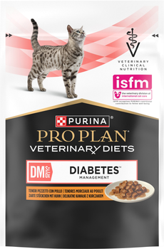 Opakowanie mokrej karmy dietetycznej Purina Pro Plan DM ST/OX Diabetes Managment dla dorosłych kotów do kontroli poziomu glukozy (cukrzyca) kawałki w sosie z kurczakiem 85 g x 10 sztuk (8445290093493)