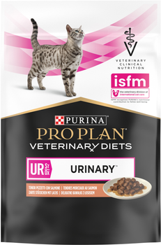 Opakowanie mokrej karmy dla kotów Purina Pro Plan Veterinary Diets UR Urinary z łososiem 10 x 85 g (8445290093851)