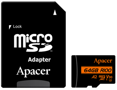 Карта пам'ятi Apacer 64GB MicroSDXC UHS-I/U3 Class 10 (AP64GMCSX10U8-R) + SD адаптер (6884059)