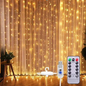 Гірлянда-Завіса Штора 3*3м 300LED USB c Пультом для Прикрас Вікон і Тераси, теплий білий