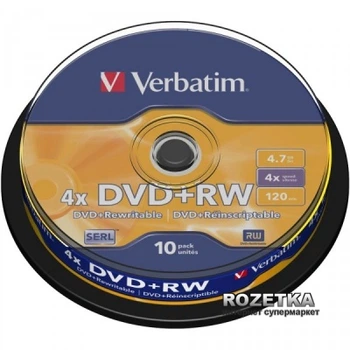 Verbatim DVD+RW 4.7 GB 4x Cake 10 шт Silver (43488)