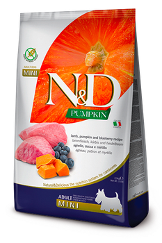 Сухой беззерновой корм для взрослых собак мелких пород Farmina N&D Grain Free Pumpkin Lamb & Blueberry Adult Mini с ягненком тыквой и черникой 7 кг (156353)