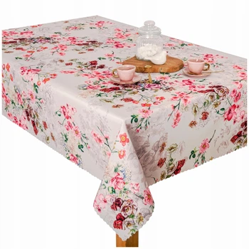 Скатертина плямостійка з квітами Invitta Elbrus Druk U3 Pink Flowers 130 x 160 см (15951427347)