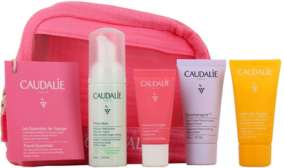 Zestaw kosmetyków do pielęgnacji Caudalie Travel Essentials Pianka oczyszczająca 50 ml + Nawilżający krem sorbetowy 15 ml + Żel pod prysznic 30 ml + Lotion do ciała 30 ml + Torebka kosmetyczna (3522931128327)