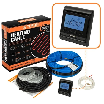 Теплый пол THERM FEP-20 1м²-1,2м²/ 200Вт (10м) нагревательный кабель под плитку 20Вт/м с программируемым терморегулятором черным
