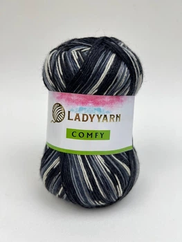 Пряжа для в'язання Lady Yarn Comfy, шкарпеткова, сіро-біло-чорний меланж, P4276