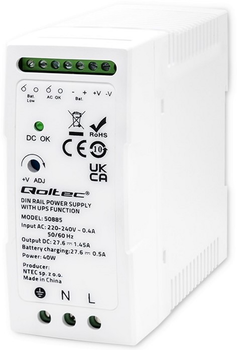 Zasilacz na szynę DIN Qoltec z funkcją UPS 40W, 27.6V, 1.45A White (5901878508856)