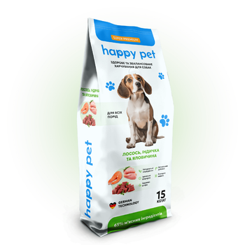 Сухой корм для собак средних пород Happy Pet на основе 3-х видов мяса 15 кг