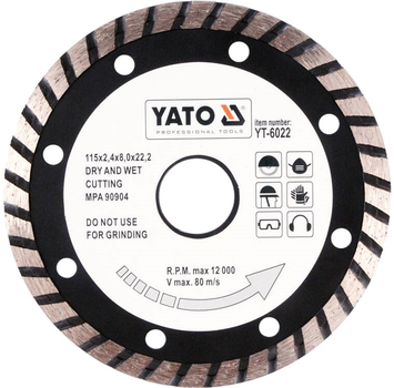 Диск алмазный турбо Yato "TURBO" Ø= 115x8.0x22.2 мм, H= 2.4 мм [20/200] (YT-6022)