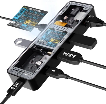 Док-станція DOCKCASE Explorer Edition Smart USB-C Hub 6-in-1, Gigabit Ethernet, HDMI 4k@60hz, PD 3.0 100w, USB-C & 2 USB-A 5Gbps, багатопортовий адаптер USB C для MacBook Pro/Air, Dell XPS. Колір: Чорний